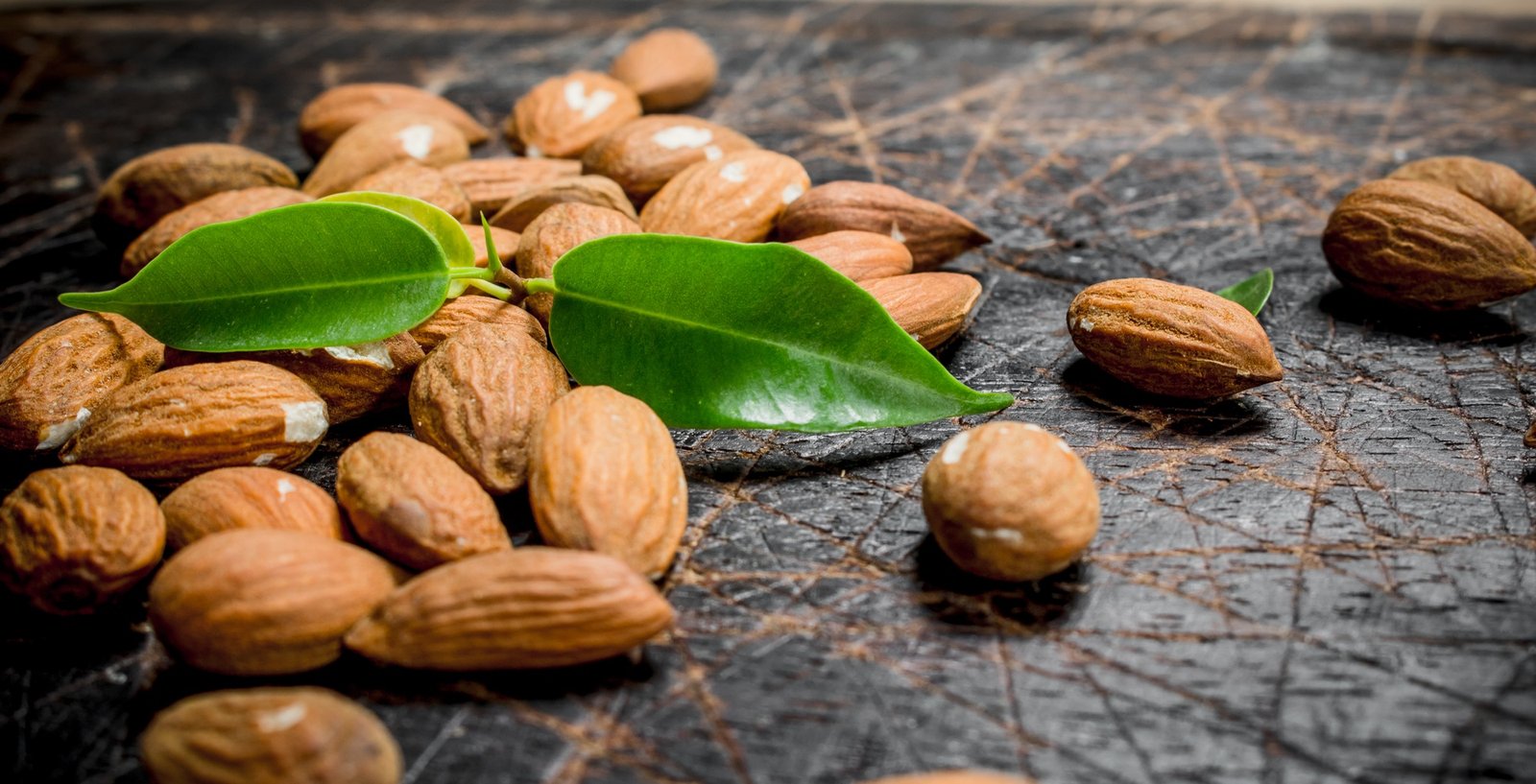 Almonds with leaves.